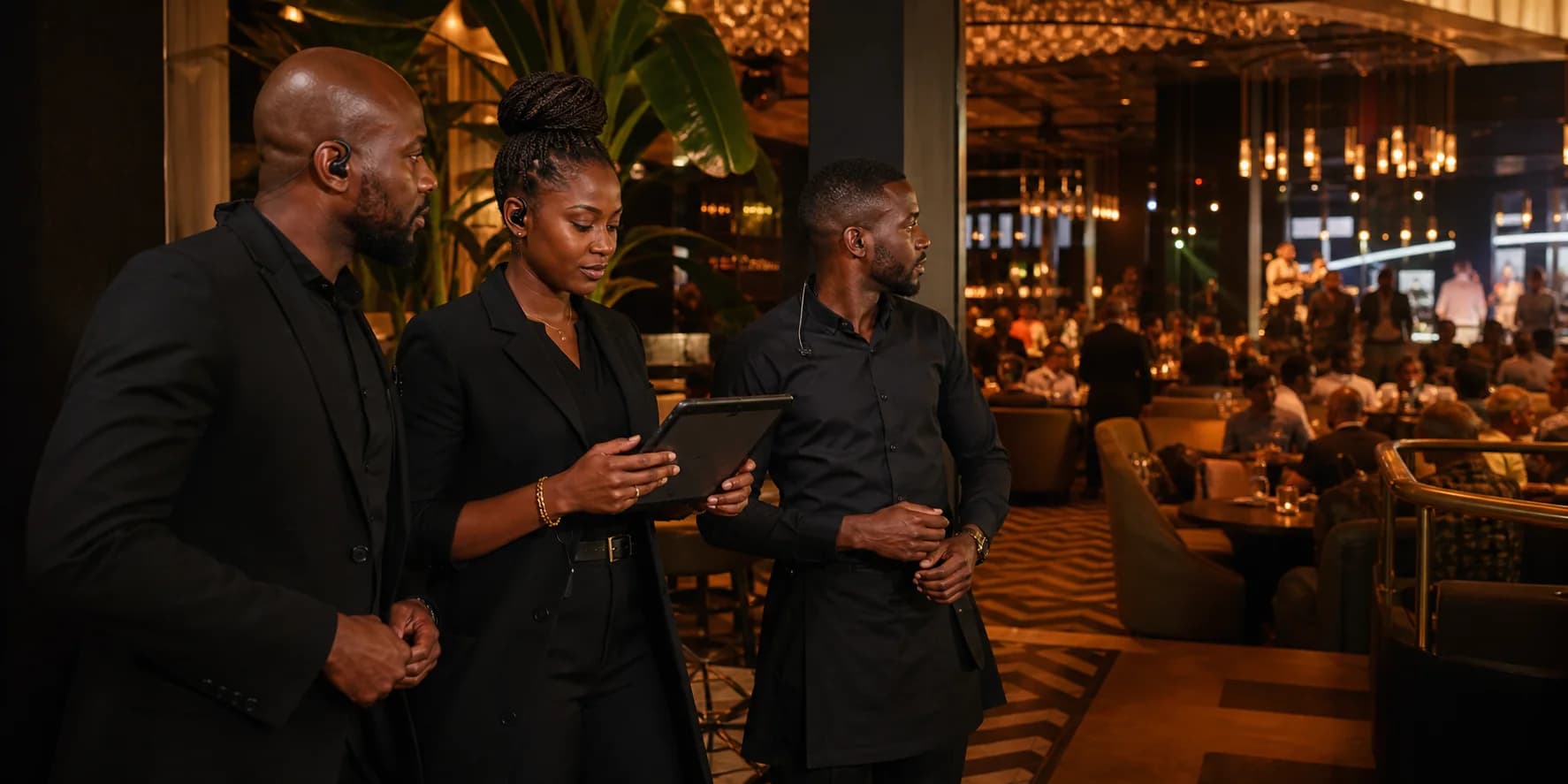 A venue team coordinating an active nightclub floor